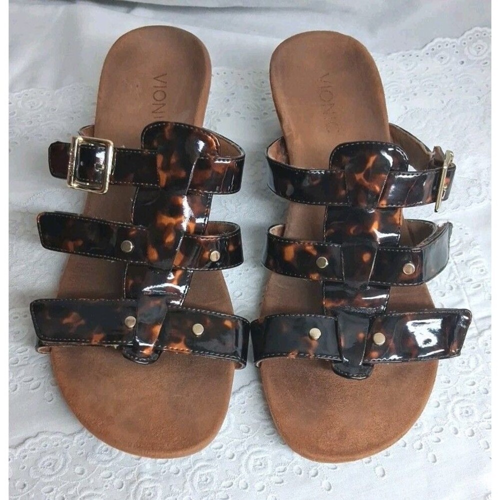 Vionic  Women 9 Radia Tortoise Shell Brown Sandals Wedge Slip On Summer Casual
